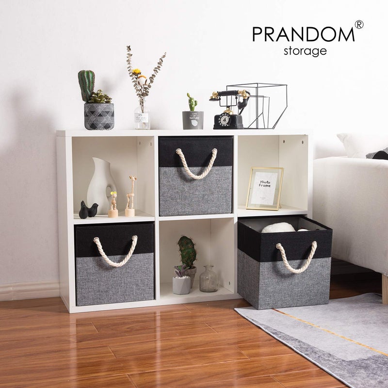 PRANDOM Large Foldable Cube Storage Bins 13x13 inch [4-Pack] Fabric Linen Storage Baskets Cubes Drawer with Cotton Handles Organizer for Shelves Nursery Closet Bedroom Black - Image 2