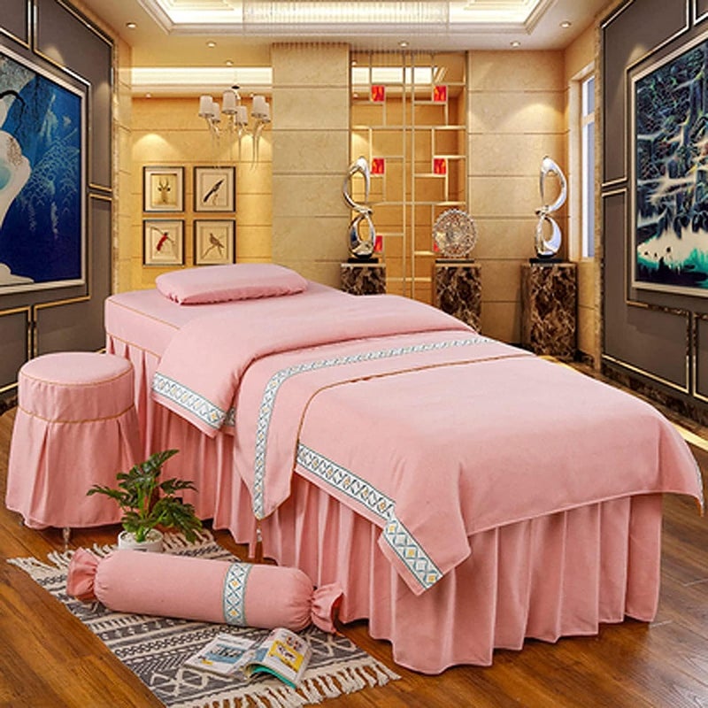4-Piece Bed Cover for Beauty Salon European-Style High-Grade Cotton Bed Cover Nordic Style Beauty Bed Cover (Color : Pink Size : 80000cm) (Pink 70 * 185cm) - Image 1
