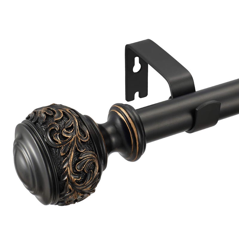 Decorative Window Curtain Rod 1-Inch Diameter with Modern Design Floral Carved Ball Finials, Drapery Curtain Pole Extends from 72 to 144 Inches,Floral Antique Black