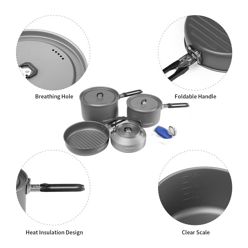 Fire-Maple Feast 4 Piece Camping Cookware Cookware Cookware Kit Outdoor Cookware Set with Pots, Kettle, Saucepans and Spatula for Hiking Fishing Picnic - Image 2