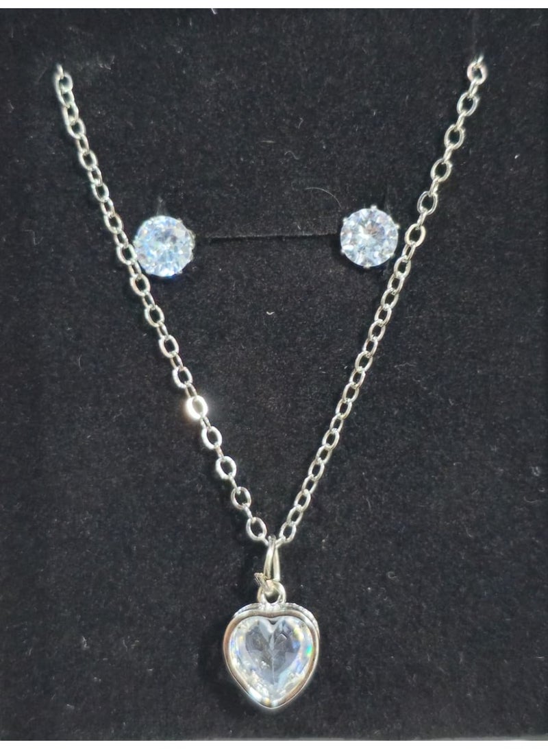 Heart Pendant Necklace with Matching Crystal Stud Earrings – Silver-Tone Elegant Jewelry Set - Image 3