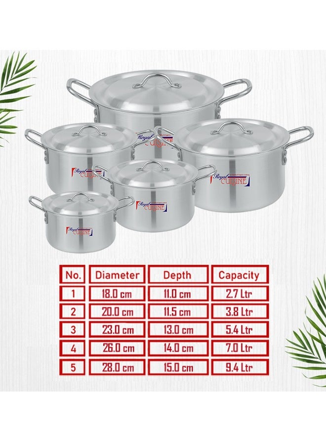 Royal Cuisine - Royal Cuisine Aluminium Cookware Set 1x5 – 5 Pcs Stock Pot Set with Lids, Durable High-Grade Aluminium, Shiny Metal Finish, Dishwasher Safe, Stackable Design, Sizes 18-28 cm (2.7-9.4 Ltr),Cooking Pot - Image 1