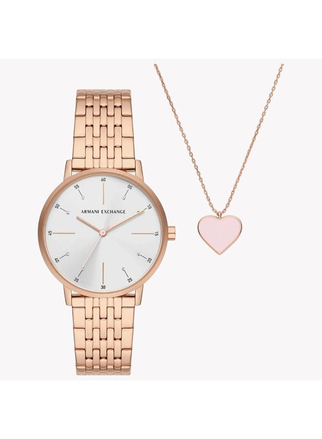 سعر ومواصفات ارماني اكسشينج Women Stainless Steel Analog Wrist Watch AX7145SET with A Matching Heart Pendant Necklace (N70338667V) على Noon EG
