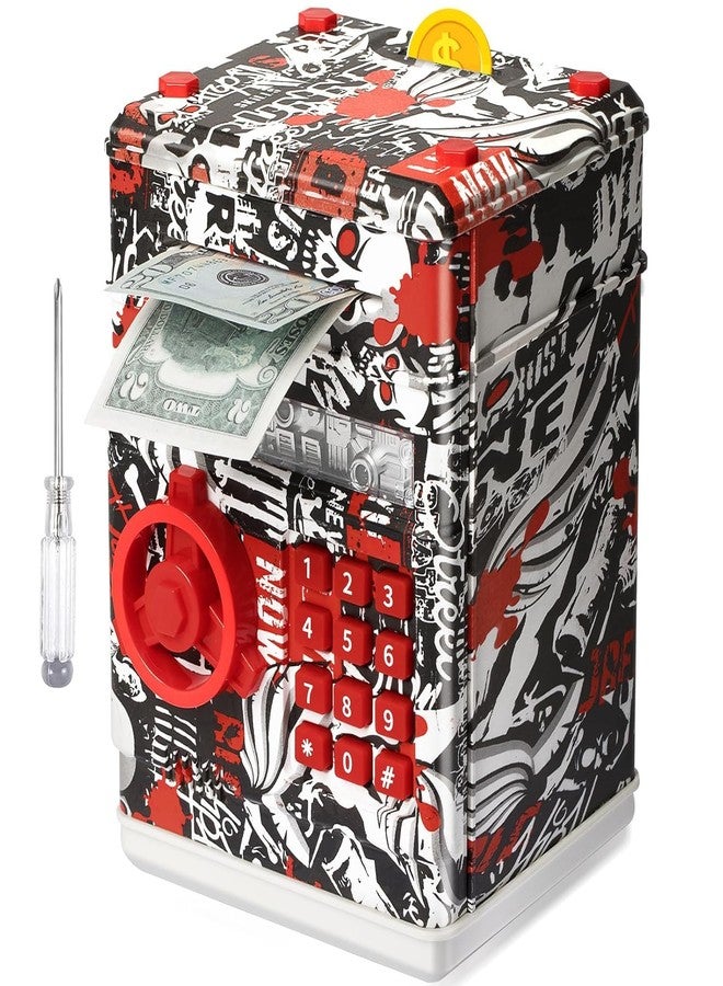 Mummy Please ATM Piggy Bank|Mini ATM|Coin Bank Money Saving Box with Password,【Grafitti Red】 Kids Safe Money Bank for Kids with Auto Grab Note Slot - Image 1