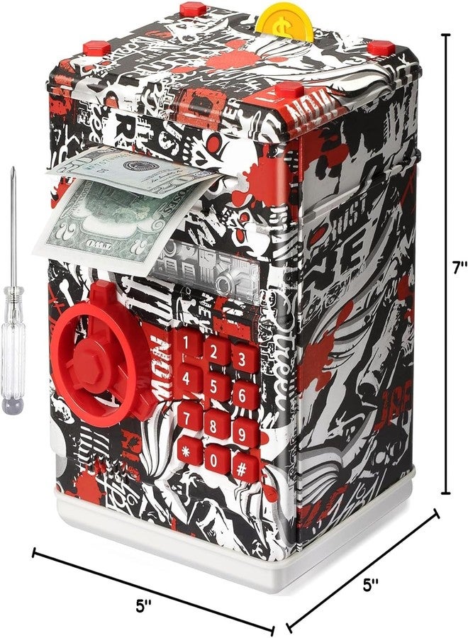 Mummy Please ATM Piggy Bank|Mini ATM|Coin Bank Money Saving Box with Password,【Grafitti Red】 Kids Safe Money Bank for Kids with Auto Grab Note Slot - Image 3