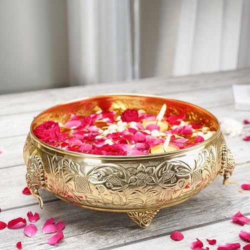 BEHOMA Ethnic Carved Elephant Design 12 Inch Brass Urli Decor Bowl, Golden Center Table Flower Decorative Bowl for Home Decor, Urali for Diwali, Navratri Pooja, Durga Puja & Deepawali Decoration, 1 pc - Image 2