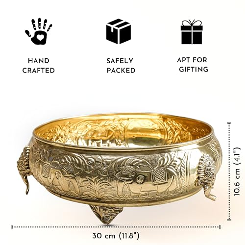 BEHOMA Ethnic Carved Elephant Design 12 Inch Brass Urli Decor Bowl, Golden Center Table Flower Decorative Bowl for Home Decor, Urali for Diwali, Navratri Pooja, Durga Puja & Deepawali Decoration, 1 pc - Image 4