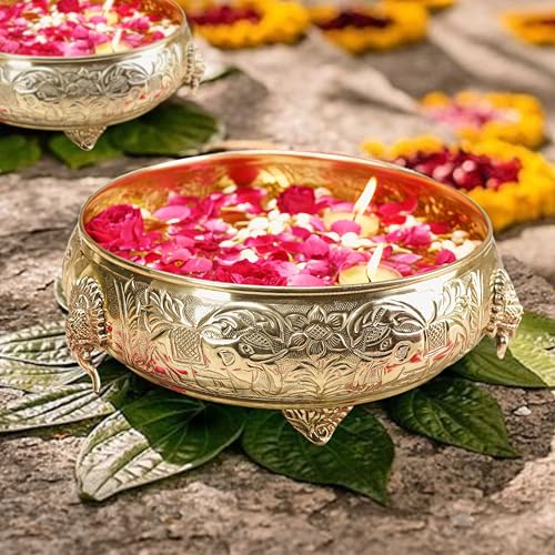 BEHOMA Ethnic Carved Elephant Design 12 Inch Brass Urli Decor Bowl, Golden Center Table Flower Decorative Bowl for Home Decor, Urali for Diwali, Navratri Pooja, Durga Puja & Deepawali Decoration, 1 pc - Image 1