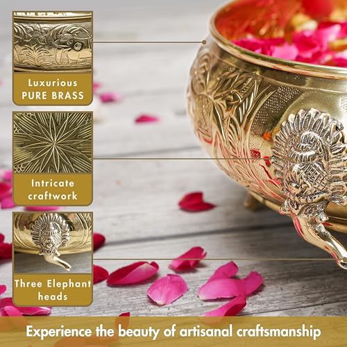 BEHOMA Ethnic Carved Elephant Design 12 Inch Brass Urli Decor Bowl, Golden Center Table Flower Decorative Bowl for Home Decor, Urali for Diwali, Navratri Pooja, Durga Puja & Deepawali Decoration, 1 pc - Image 5