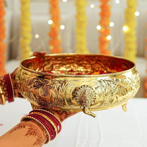 BEHOMA Ethnic Carved Elephant Design 12 Inch Brass Urli Decor Bowl, Golden Center Table Flower Decorative Bowl for Home Decor, Urali for Diwali, Navratri Pooja, Durga Puja & Deepawali Decoration, 1 pc - Image 3