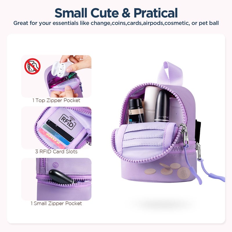 Babysun Mini Backpack Keychain Wristlet Pouch Small Change Coin Purse Cute Zipper Wallet With 3 RFID Card Slots For Women/Men Airpods Cosmetics (Purple) - Image 4