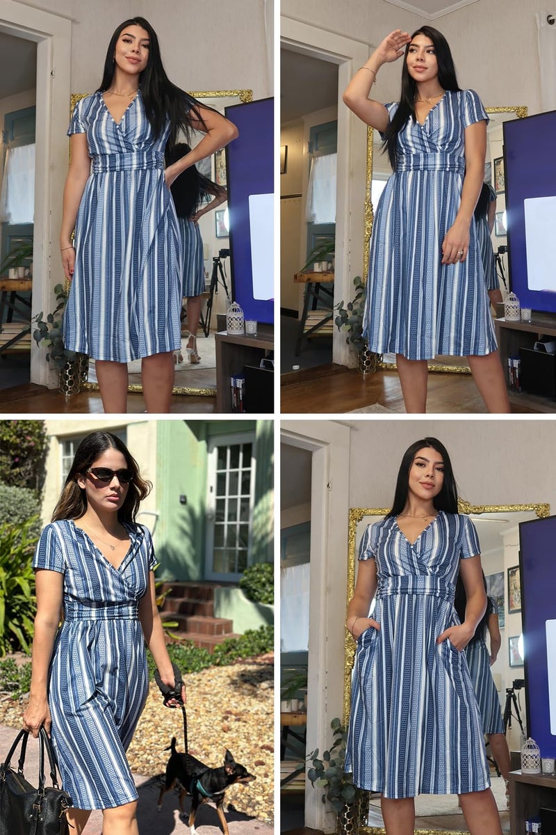 OUGES Casual Spring Summer Dress for Women 2026 Wrap V Neck A Line Midi Party Dresses with Pockets(FloralZ18,L) - Image 2