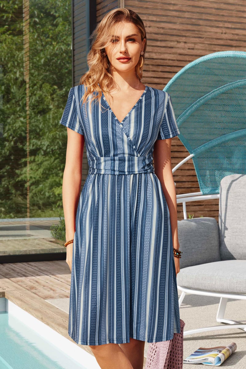 OUGES Casual Spring Summer Dress for Women 2026 Wrap V Neck A Line Midi Party Dresses with Pockets(FloralZ18,L) - Image 3