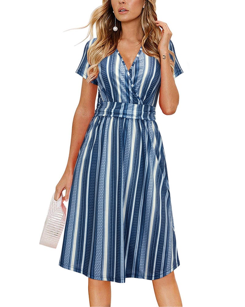 OUGES Casual Spring Summer Dress for Women 2026 Wrap V Neck A Line Midi Party Dresses with Pockets(FloralZ18,L) - Image 1