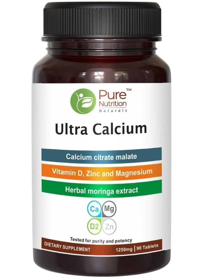 Pure Nutrition - Pure Nutrition Ultra Calcium Citrate 1250mg Highly absorbable Calcium Supplement with Calcium Citrate Malate, Vitamin D, Zinc and Magnesium - 1 Tablet Daily (90 Veg Tabs) Non-GMO | Gluten-Free - Image 1