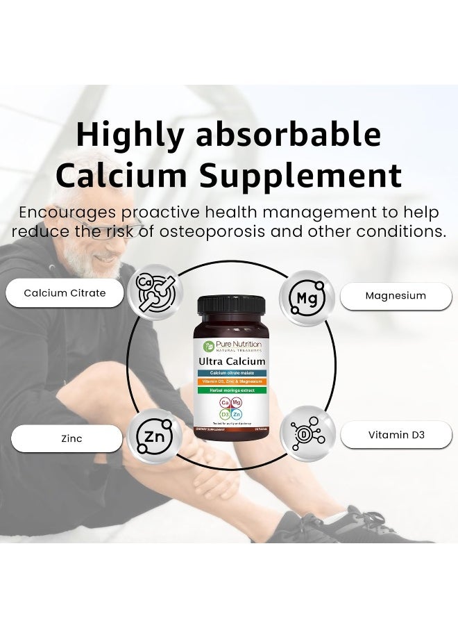 Pure Nutrition - Pure Nutrition Ultra Calcium Citrate 1250mg Highly absorbable Calcium Supplement with Calcium Citrate Malate, Vitamin D, Zinc and Magnesium - 1 Tablet Daily (90 Veg Tabs) Non-GMO | Gluten-Free - Image 1