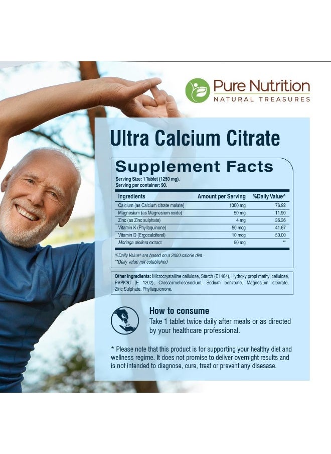 Pure Nutrition - Pure Nutrition Ultra Calcium Citrate 1250mg Highly absorbable Calcium Supplement with Calcium Citrate Malate, Vitamin D, Zinc and Magnesium - 1 Tablet Daily (90 Veg Tabs) Non-GMO | Gluten-Free - Image 1