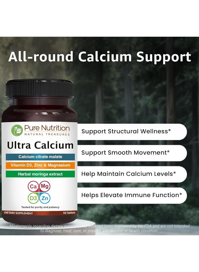 Pure Nutrition - Pure Nutrition Ultra Calcium Citrate 1250mg Highly absorbable Calcium Supplement with Calcium Citrate Malate, Vitamin D, Zinc and Magnesium - 1 Tablet Daily (90 Veg Tabs) Non-GMO | Gluten-Free - Image 1