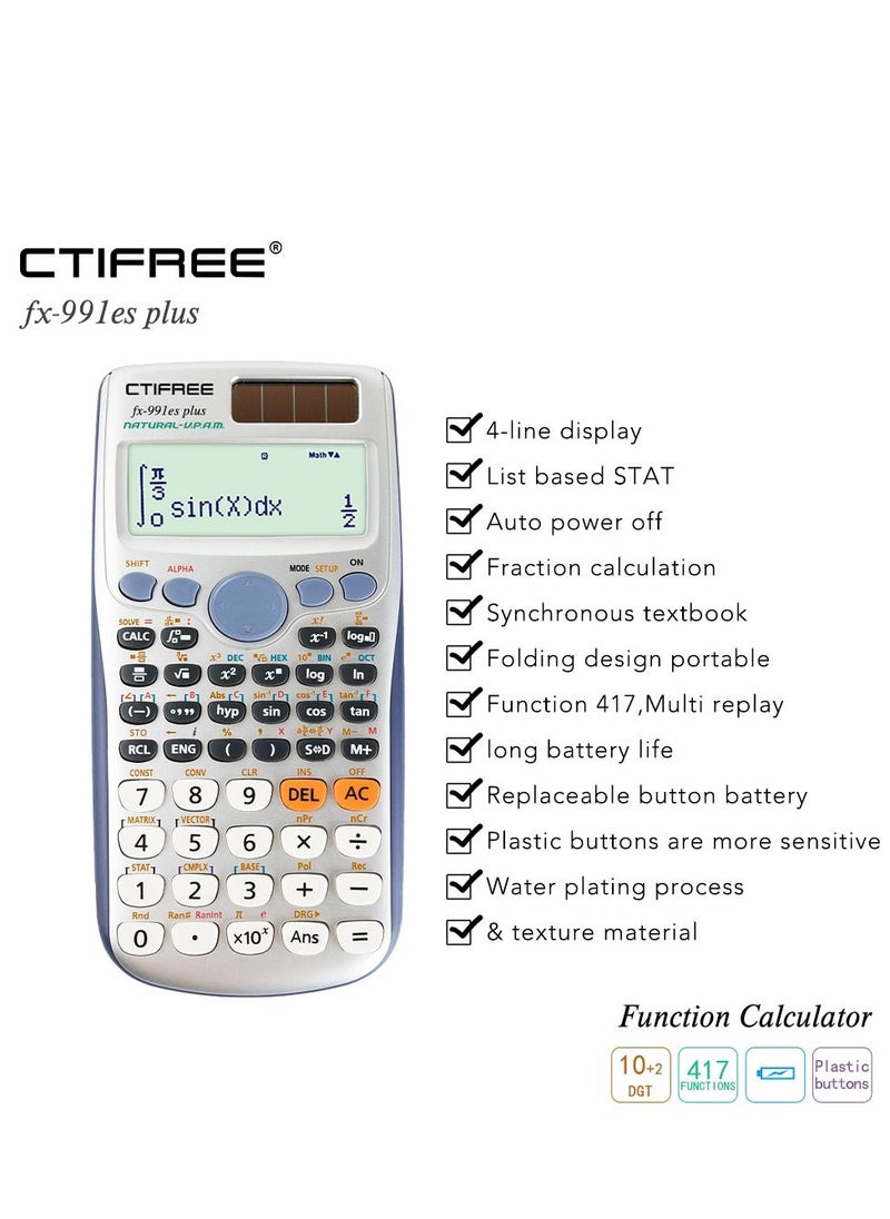 CTIFREE - آلة حاسبة علمية FX 991 ES Plus 417 دالة 2 سطر 10+2 أرقام شاشة مكتوبة آلة حاسبة علمية شمسية - Image 1