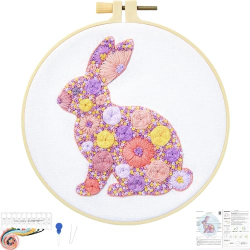 Crafmanoe Easter Embroidery Kits for Beginners Adults, Flowers Bunny Embroidery Kits, Hand Stamped Cross Stitch Kits for Beginners Adults & Women Easter Gifts, Entire Set of Embroidery Supplies & Video Tutorial - Image 1