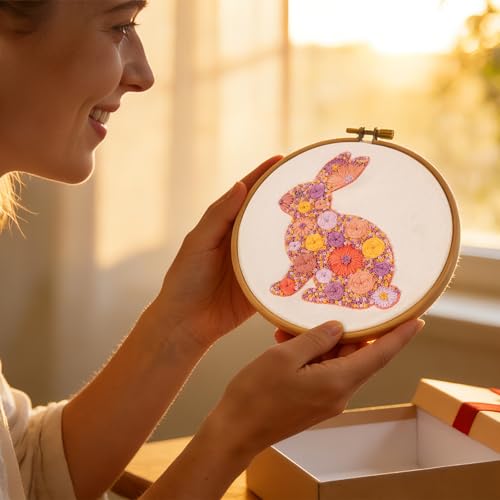 Crafmanoe Easter Embroidery Kits for Beginners Adults, Flowers Bunny Embroidery Kits, Hand Stamped Cross Stitch Kits for Beginners Adults & Women Easter Gifts, Entire Set of Embroidery Supplies & Video Tutorial - Image 3