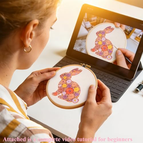 Crafmanoe Easter Embroidery Kits for Beginners Adults, Flowers Bunny Embroidery Kits, Hand Stamped Cross Stitch Kits for Beginners Adults & Women Easter Gifts, Entire Set of Embroidery Supplies & Video Tutorial - Image 5