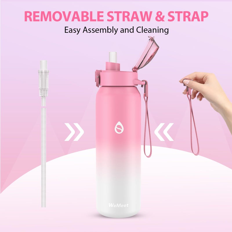 WEMEET 18/10 Stainless Steel Sport Water Bottle with Removable Straw, BPA-Free, 24oz Double Walled Vacuum Insulated Bottle, for Sports, Gym, Travel, School(PINK WHITE) - Image 3