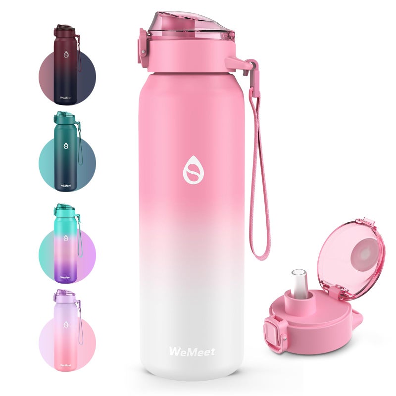 WEMEET 18/10 Stainless Steel Sport Water Bottle with Removable Straw, BPA-Free, 24oz Double Walled Vacuum Insulated Bottle, for Sports, Gym, Travel, School(PINK WHITE) - Image 1