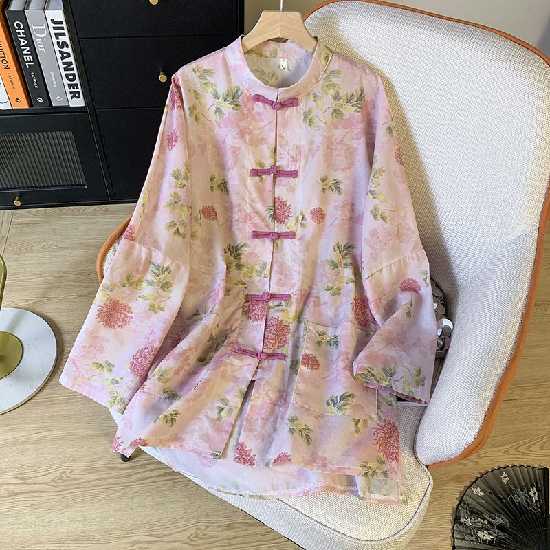 2024 Spring And Retro Printed Chinese Style Buckle Cardigan Top Women'S Loose Artistic Stand Collar Long Sleeve Shirt - Image 2