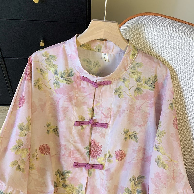 2024 Spring And Retro Printed Chinese Style Buckle Cardigan Top Women'S Loose Artistic Stand Collar Long Sleeve Shirt - Image 4