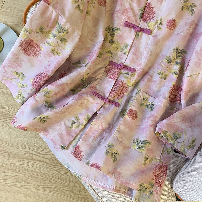 2024 Spring And Retro Printed Chinese Style Buckle Cardigan Top Women'S Loose Artistic Stand Collar Long Sleeve Shirt - Image 5