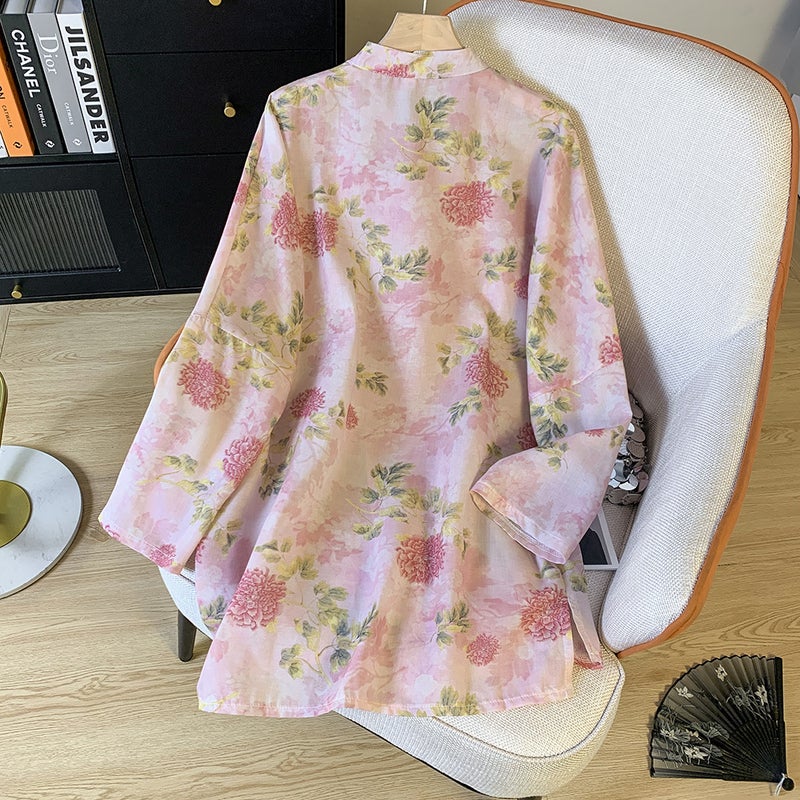 2024 Spring And Retro Printed Chinese Style Buckle Cardigan Top Women'S Loose Artistic Stand Collar Long Sleeve Shirt - Image 3