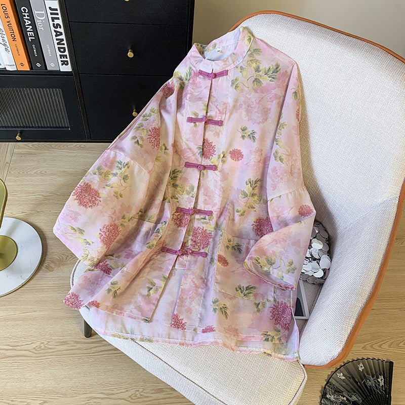 2024 Spring And Retro Printed Chinese Style Buckle Cardigan Top Women'S Loose Artistic Stand Collar Long Sleeve Shirt - Image 1