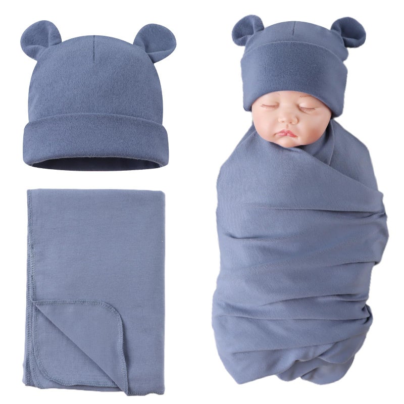 PESAAT Cotton Baby Swaddle Hat Set Newborn Infant Hats Receiving Blankets for Baby Boys Girls (0-6 Months, Haze Blue) - Image 1