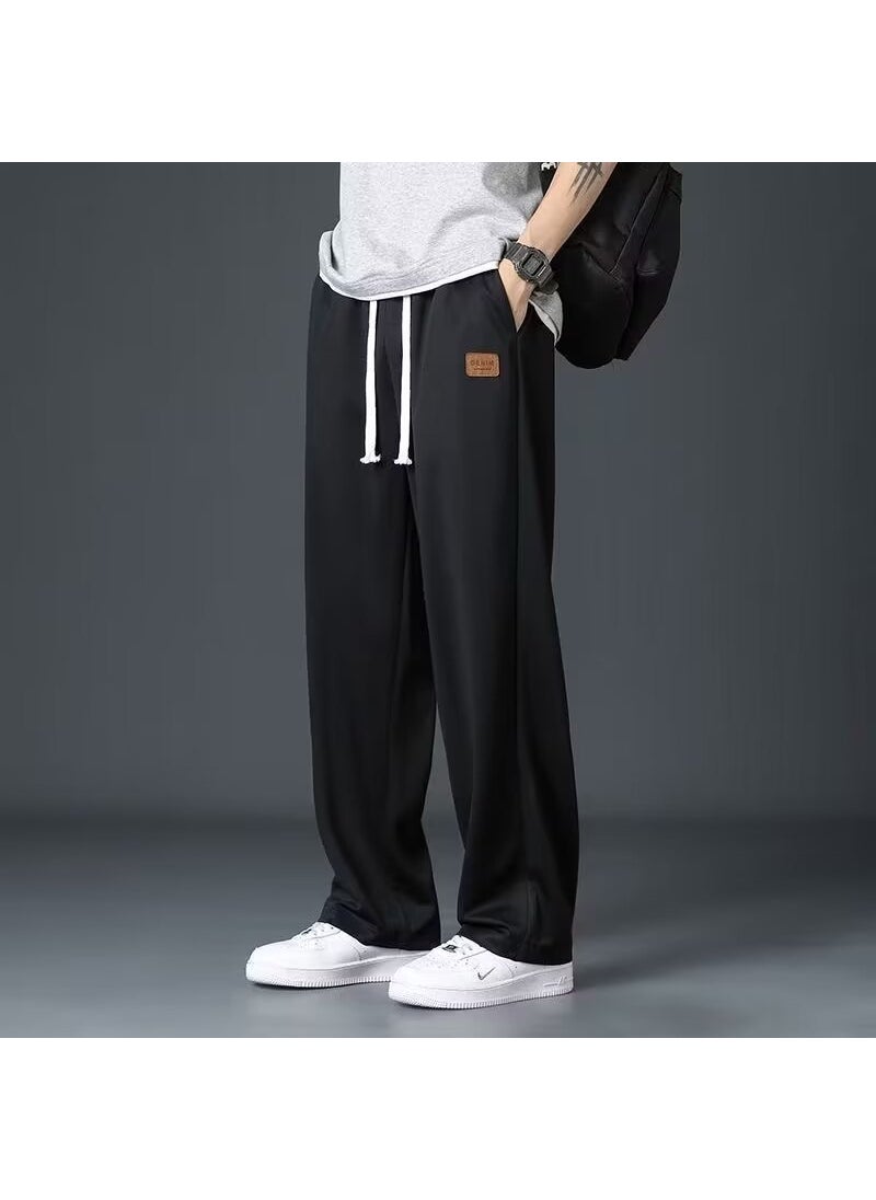 Generic High-grade Thin Ice Silk Pants Mens Spring and Summer Mens Trendy Casual Trousers Sports Loose Straight Wide Leg Pants K95 black [leather label style] 