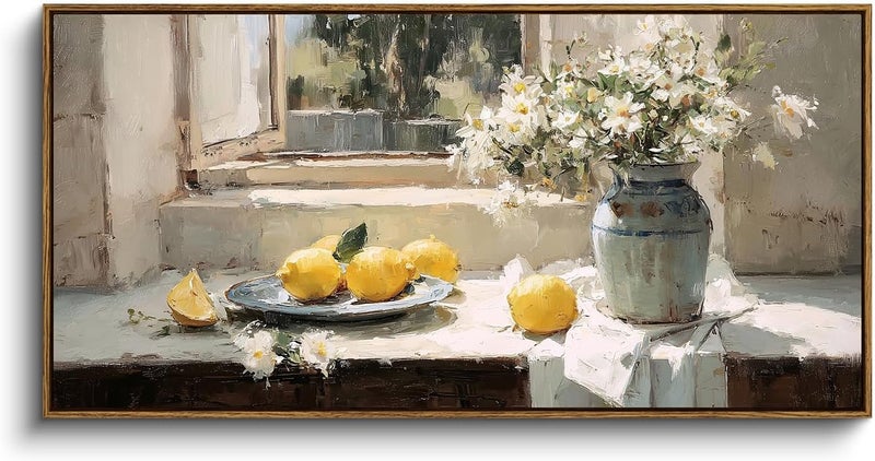EMODA Lemons & Daisies Landscape Wall Art – Retro Kitchen Canvas, Large 60x120 cm Framed, Home Décor - Image 1