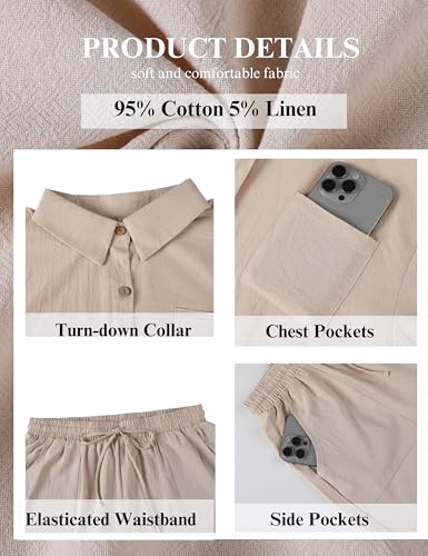 SeekMe Linen Short Sets for Women Short Sleeve Top Shorts 2 Piece Summer Beach Vacation Outfits Lounge Tracksuits(1717-Apricot-M-FY) - Image 2