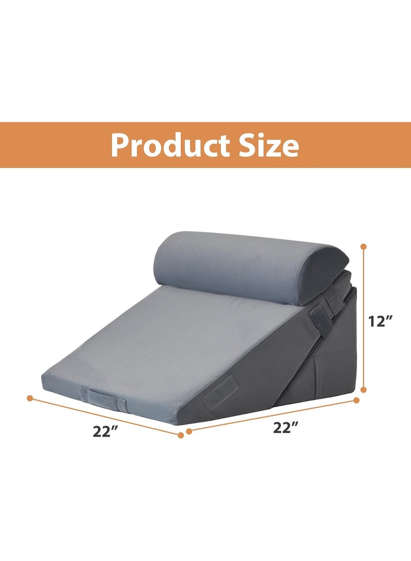 3PCS Wedge Pillow for Acid Reflux Relief, Adjustable Wedge Pillow Headboard, Bed Wedges Pillow for Back Pain Relief, Sleeping, Post Surgery, Back Support Pillows for Sitting Up, Snoring, Plush Grey - Image 3