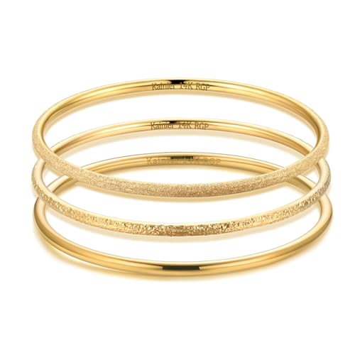 Kainier 3mm 14K Gold Plated Bangle Bracelets 3mm Elegant Thin Round Bangles for Women Stackable Solid Bracelets Sets Ideal Gift for Love (Gold B, 8.0 Inches) - Image 1