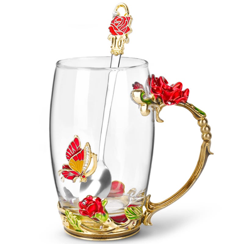 OEAGO Gifts for Women Mom Mothers Tea Cup Best Birthday Butterfly Rose Gifts for Her from Daughter Son Glass Coffee Christmas Enamels Mug Lead-Free with Spoon Set - Image 1
