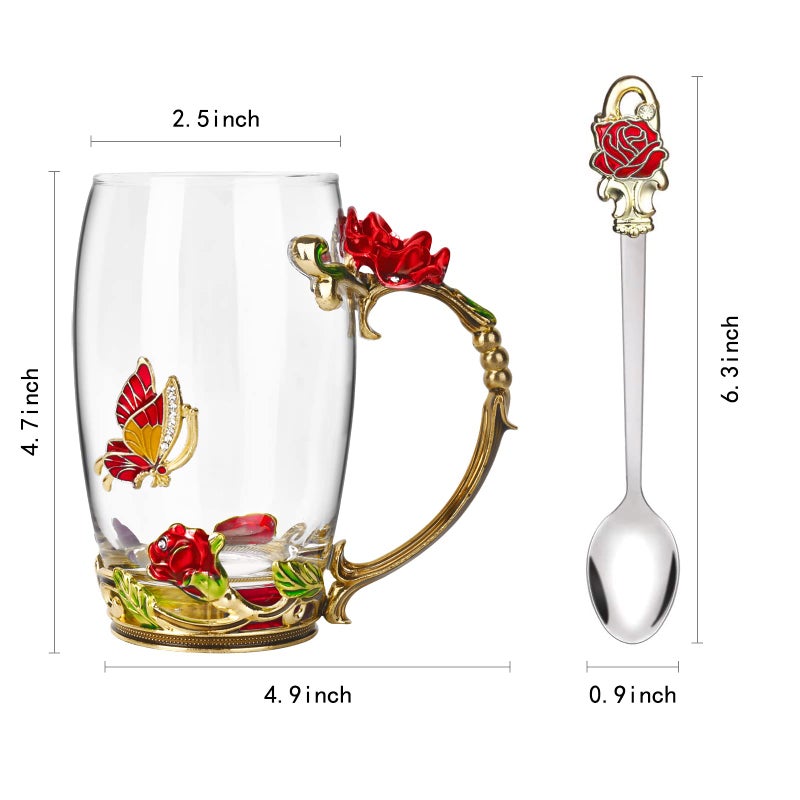 OEAGO Gifts for Women Mom Mothers Tea Cup Best Birthday Butterfly Rose Gifts for Her from Daughter Son Glass Coffee Christmas Enamels Mug Lead-Free with Spoon Set - Image 2