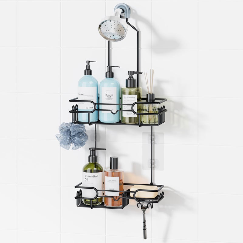 HapiRm Hanging Shower Caddy Organizer - Bathroom Organizer with 12 Hooks and Soap Holder, Rustproof Shower Shelf over Shower Head - Black - Image 1
