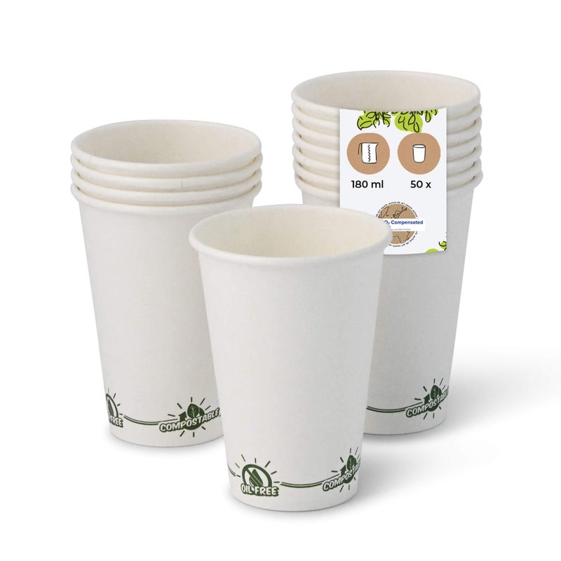 BIOZOYG 50x Disposable Coffee Cups 180 ml  75 oz White with Environmental Motifs  Paper Cups for hot Drinks PlasticFree  Coffee Cups Disposable