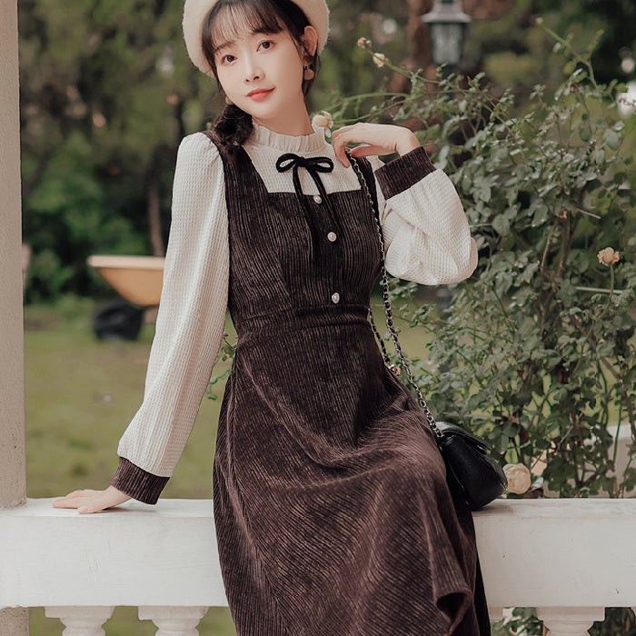 [High elastic corduroy] French retro wooden ear fake two-piece base with overcoat dress New High sense Dark brown - Image 1