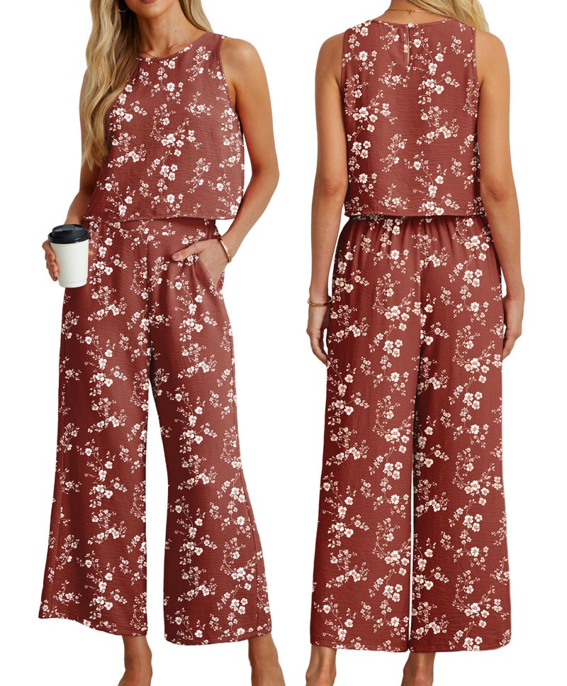 IWOLLENCE Women's Summer 2 Piece Outfits Set Round neck Sleeveless Tank Crop Top Wide Leg pants Set Pockets Jumpsuits White Plum Blossom Medium - Image 3