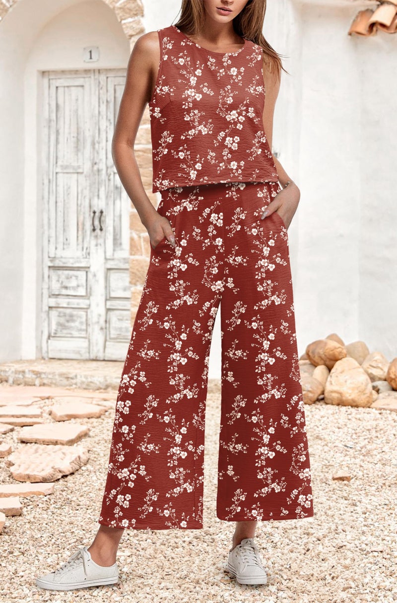 IWOLLENCE Women's Summer 2 Piece Outfits Set Round neck Sleeveless Tank Crop Top Wide Leg pants Set Pockets Jumpsuits White Plum Blossom Medium - Image 2