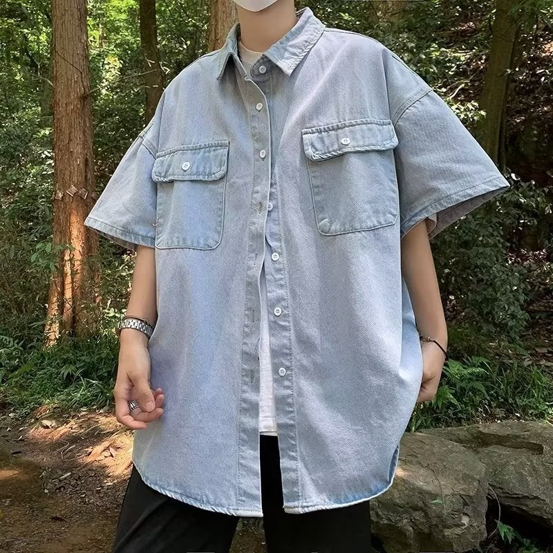 American retro workwear Denim shirt short sleeve mens summer 2023 New ins fashion brand half sleeve shirt jacket Light blue 