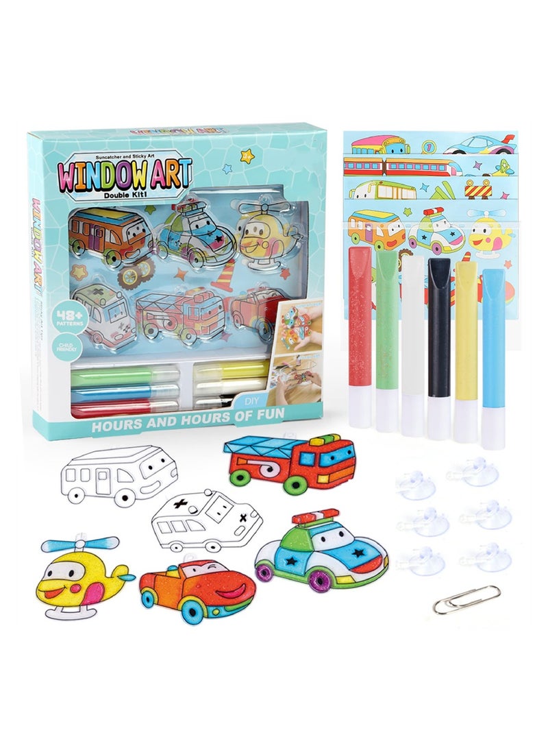 KASTWAVE Window Art Paint Kit Cars Suncatcher Kit DIY Art for Kids Includes 6 Sun Catchers 6 Paints 4 Sticky Art Templates and More Police and Firetruck Arts and Crafts Activity Set for Boys  - Image 1
