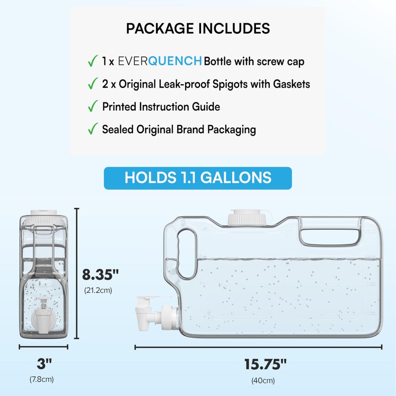 EverQuench Refrigerator Water Dispenser 1.1 Gallon Bottle with 2 Spigots - BPA Free Plastic Slim Water Jug with Spout Leak Proof | Refillable Fridge Water Container, Convenient Handles (Clear) - Image 2