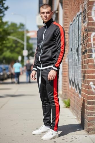 SCREENSHOT Men's Athletic Fitness Slim Fit Workout Track Pants BASIC S41700-Black/Red-Medium - Image 3
